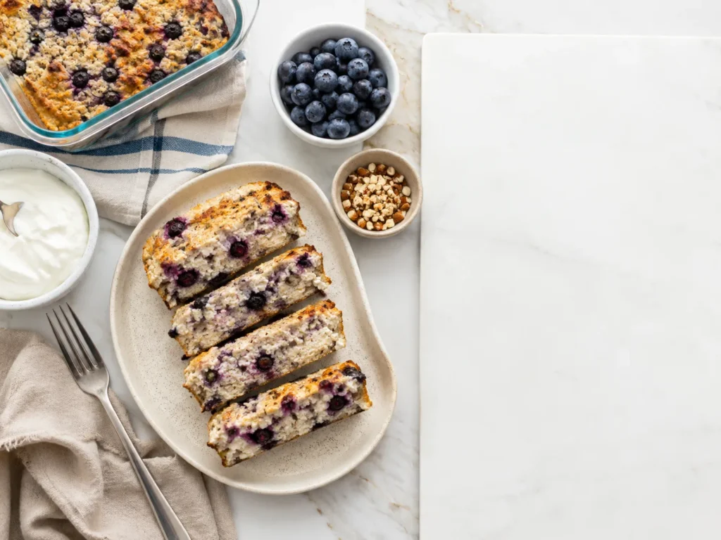 Flat-lay summary image with sliced blueberry cottage cheese breakfast bake and meal-prep elements