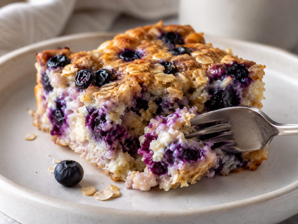 Close-up of the creamy interior of a blueberry cottage cheese breakfast bakeF