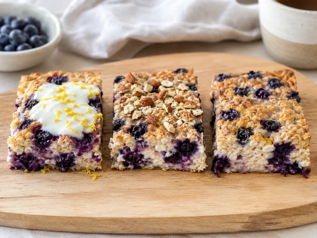 Three serving variations of blueberry cottage cheese breakfast bake with different toppings