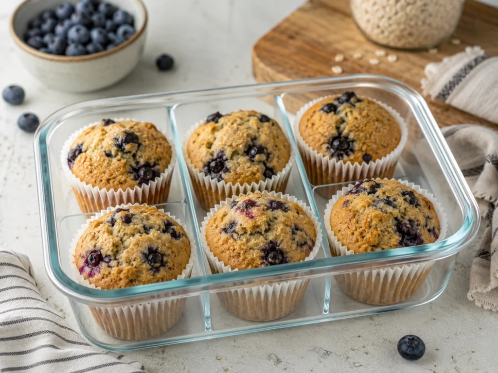 Blueberry protein muffins stored in a meal prep container