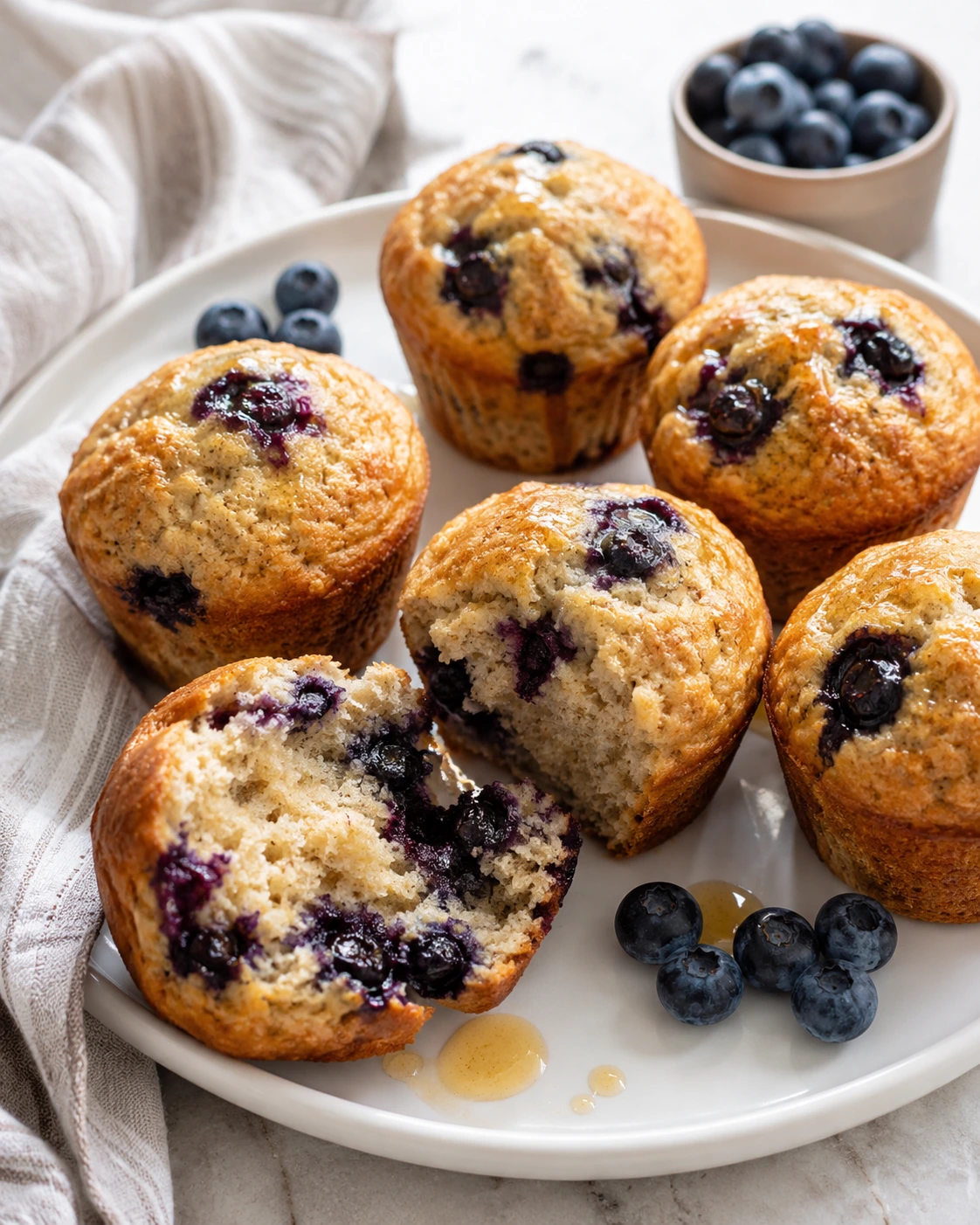 Blueberry protein muffins on a white plate with fresh blueberries