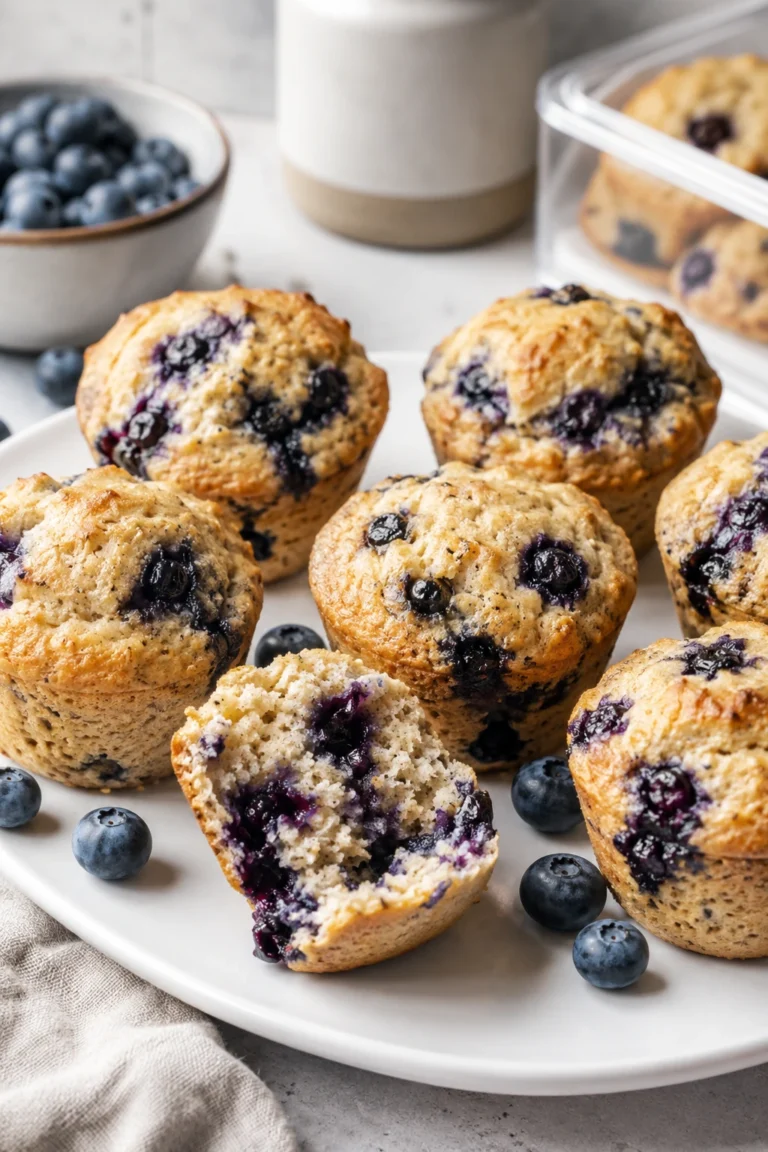 Blueberry protein muffins on a white plate with one muffin broken open