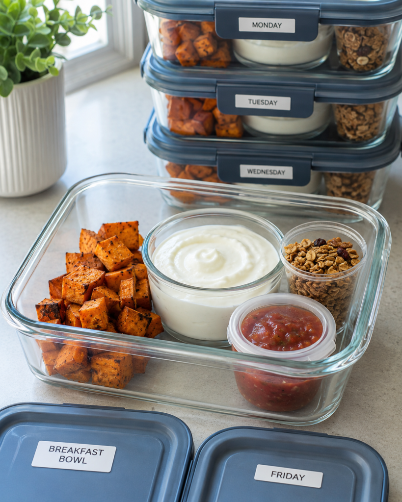 Meal-prep containers for storing breakfast bowl components separately