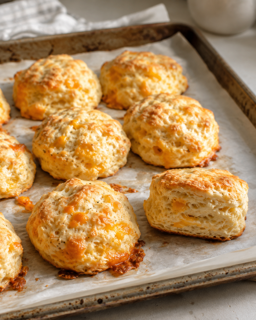 Freshly baked sausage and cheddar breakfast protein biscuits on a tray