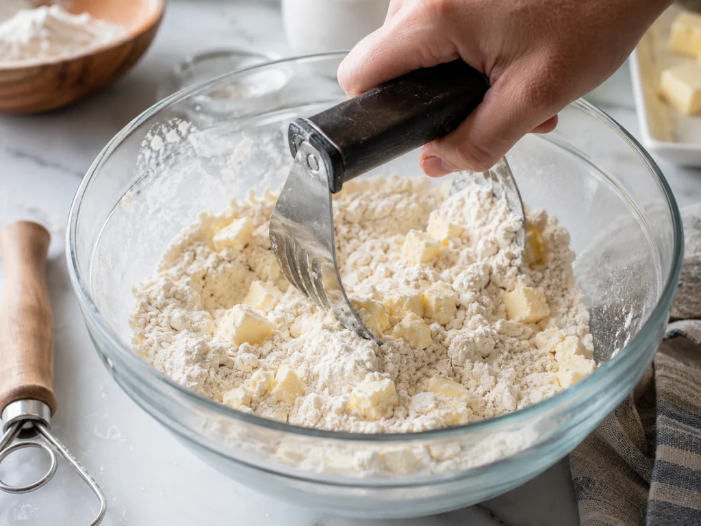 Cold butter being worked into flour for fluffy protein biscuit dough