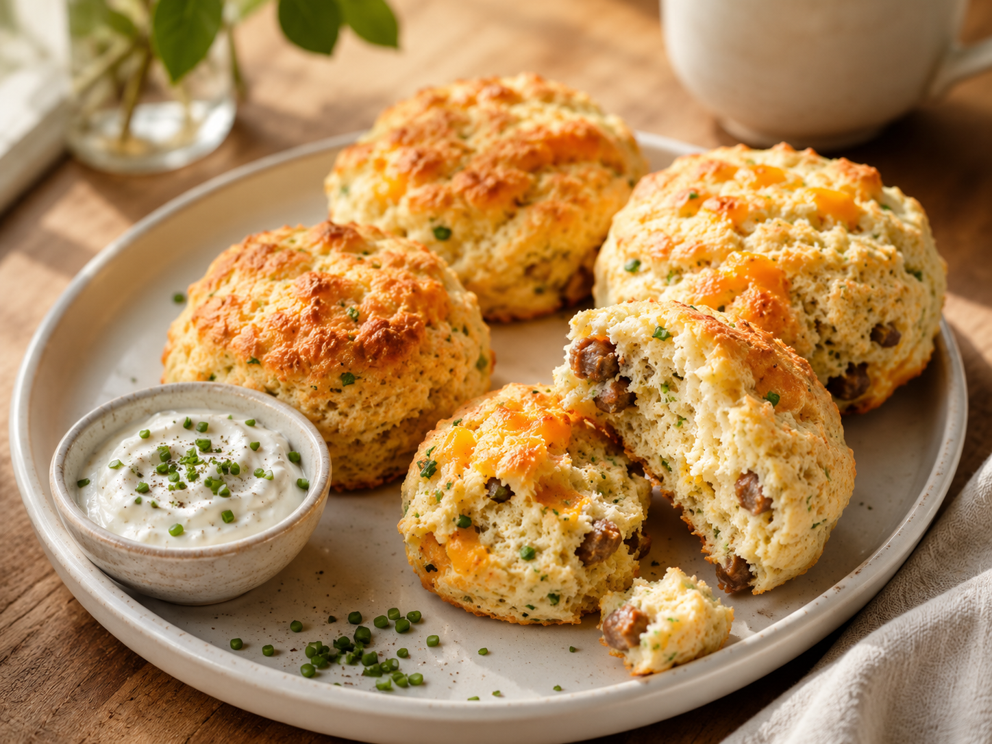 Breakfast protein biscuits on a plate with Greek yogurt and chives