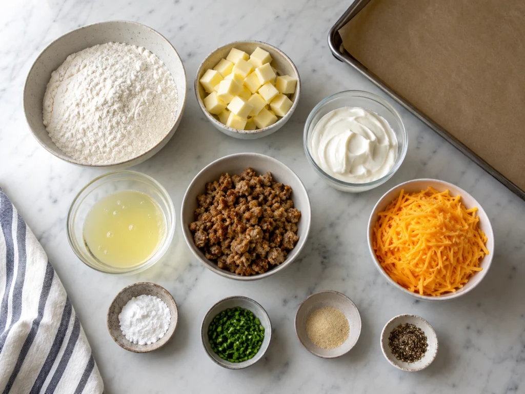 Ingredient lineup for savory breakfast protein biscuits with sausage, cheddar, yogurt, and flour