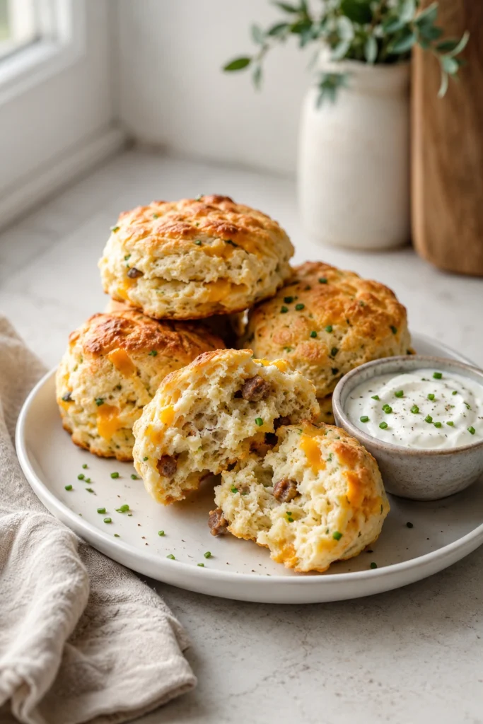 Stack of fluffy breakfast protein biscuits with cheddar and sausage on a plate
