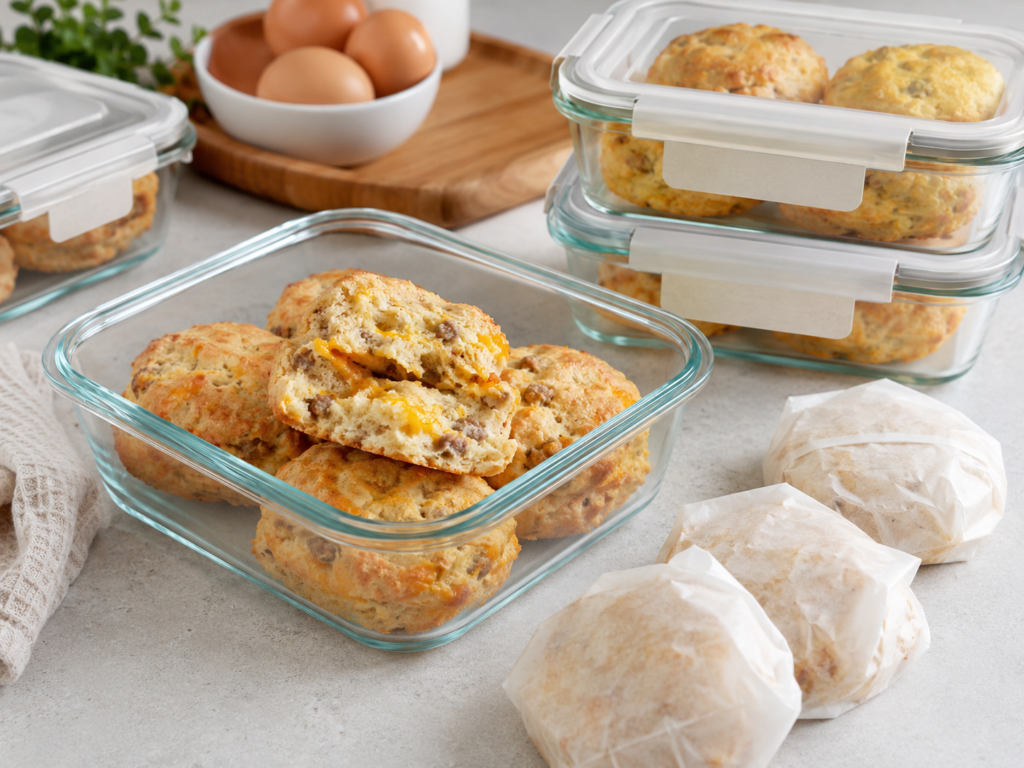 Breakfast protein biscuits packed in containers for meal prep and reheating
