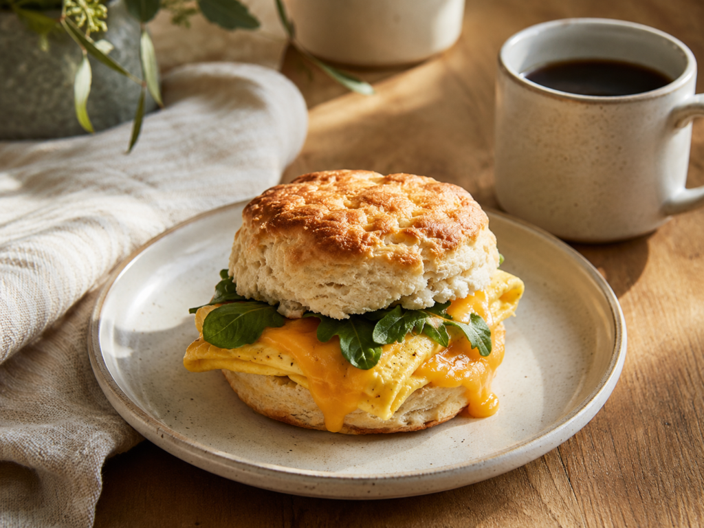 Breakfast protein biscuit served as a warm sandwich with egg and cheddar