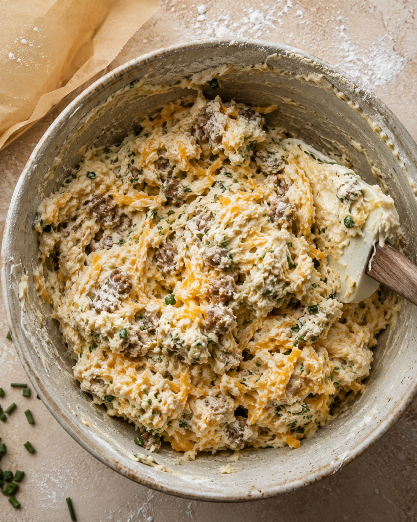 Shaggy biscuit dough with cheddar, sausage, and chives just mixed together