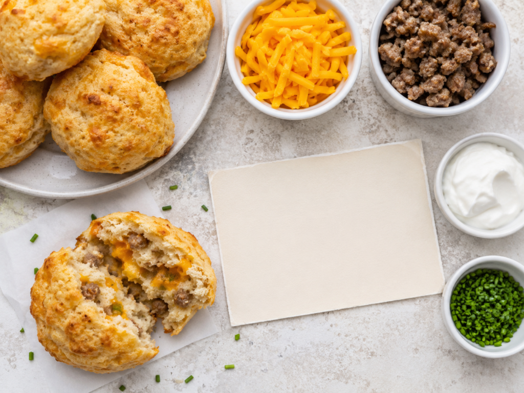 Overhead summary-style image for breakfast protein biscuits with ingredients and a split biscuit