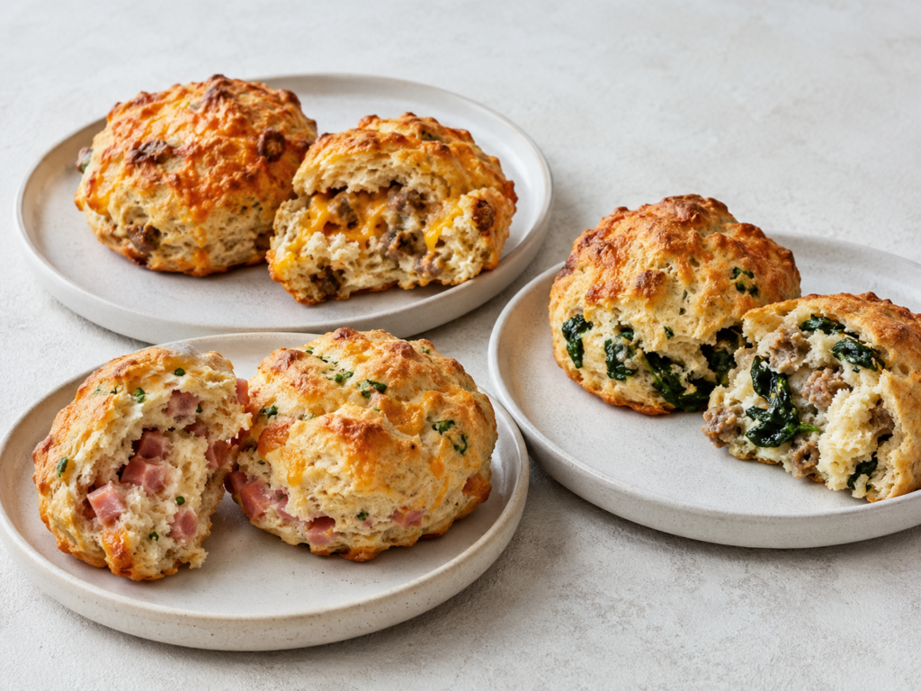 Three savory variations of breakfast protein biscuits with different fillings