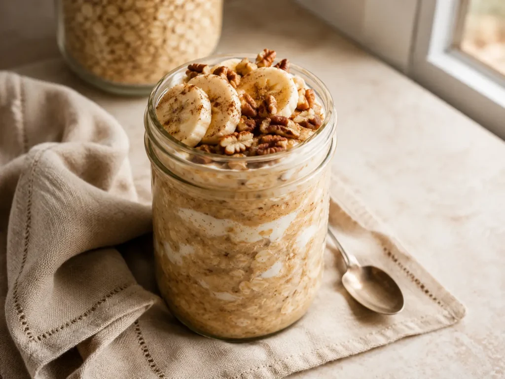Jar of creamy brown sugar overnight oats topped with banana slices and pecans
