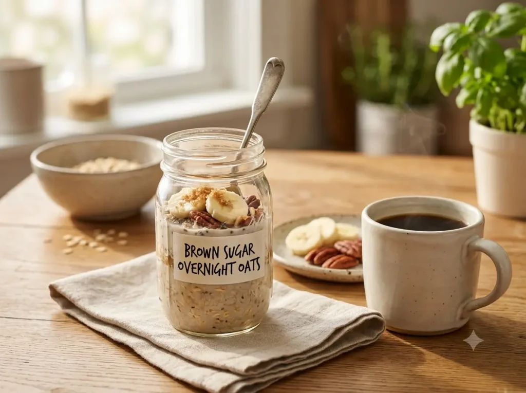 Brown sugar overnight oats served on a breakfast table with coffee and toppings
