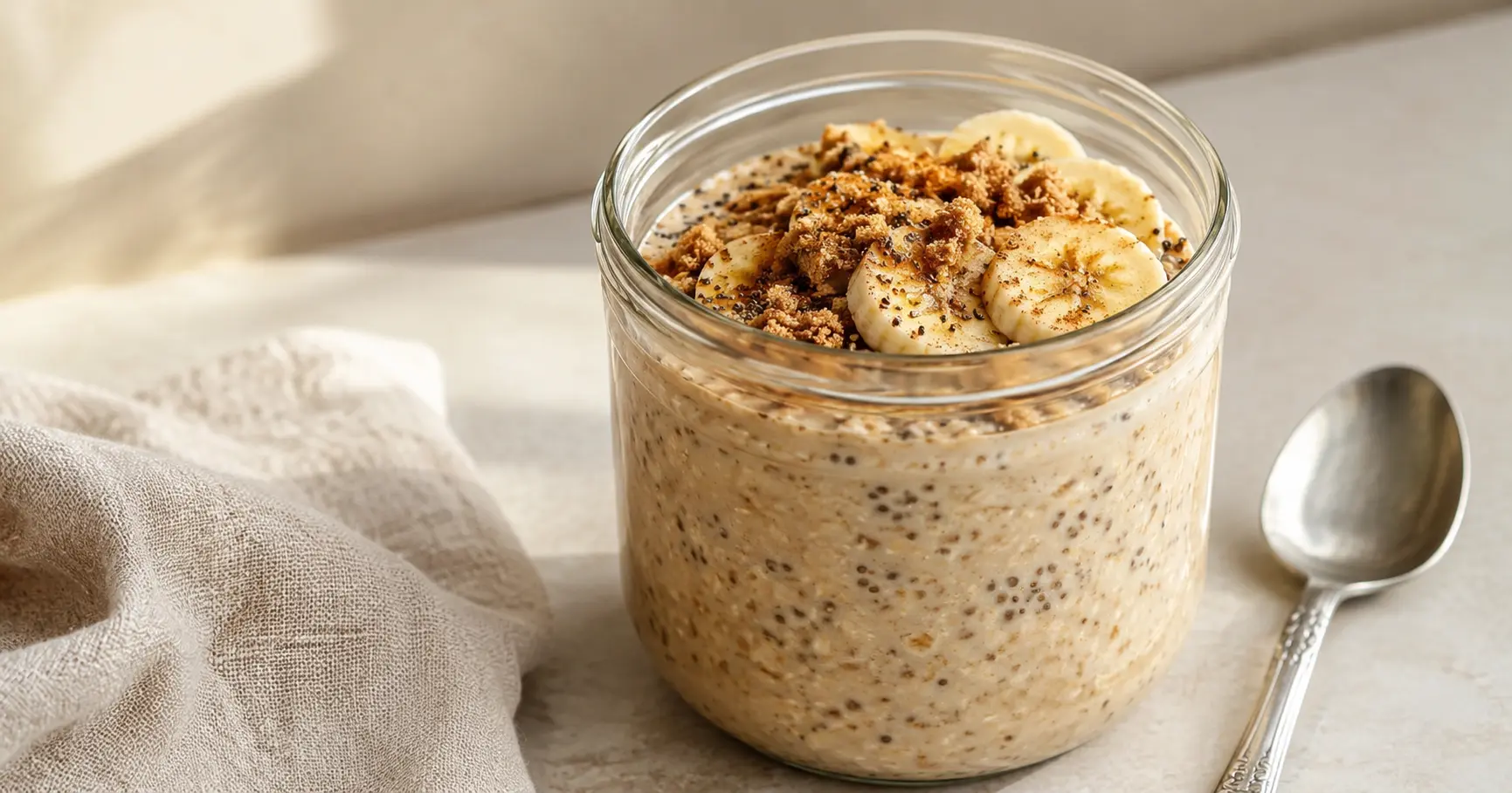 Brown sugar overnight oats in a glass jar topped with banana slices, cinnamon, chia seeds, and brown sugar