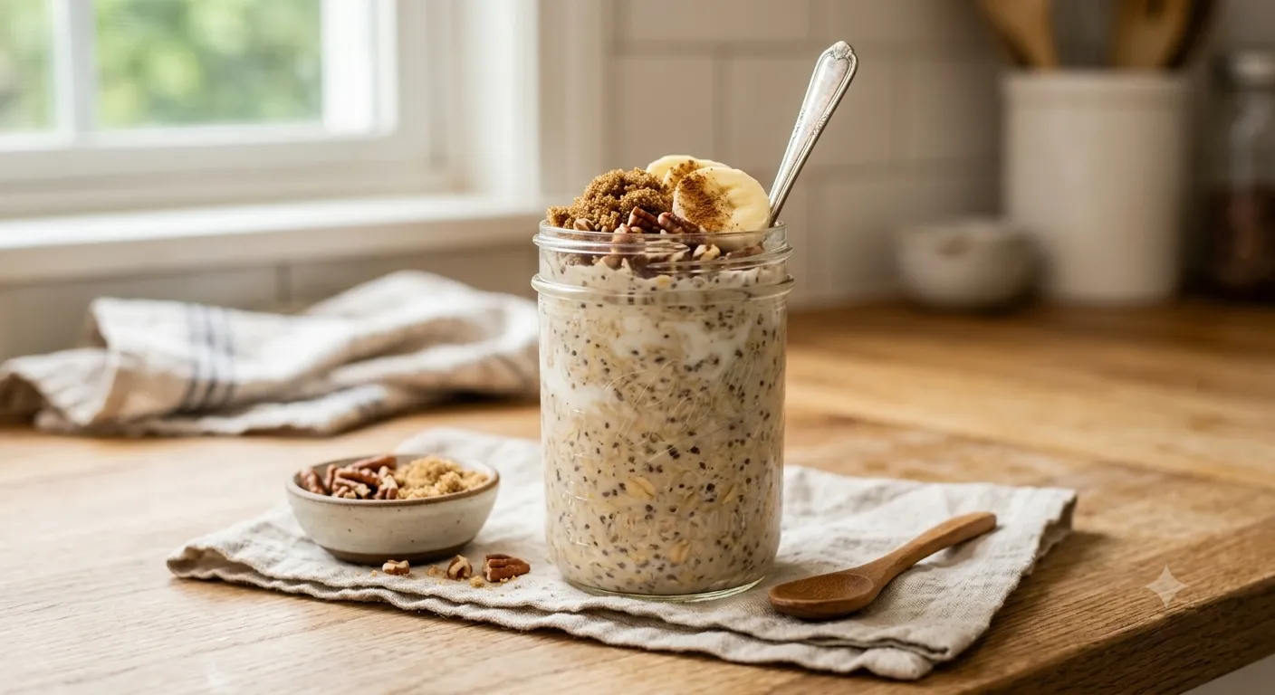 Brown sugar overnight oats in meal prep jars with cinnamon and banana