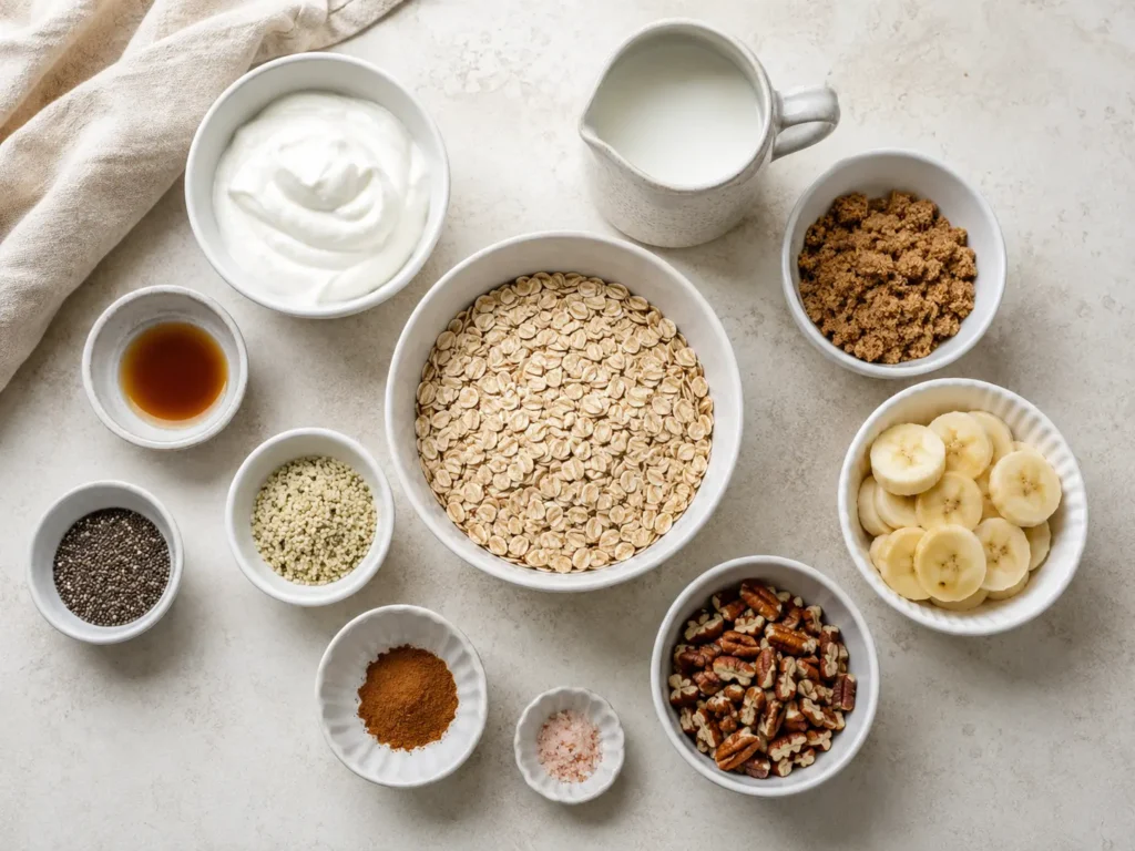 Ingredient lineup for creamy brown sugar overnight oats with yogurt and chia