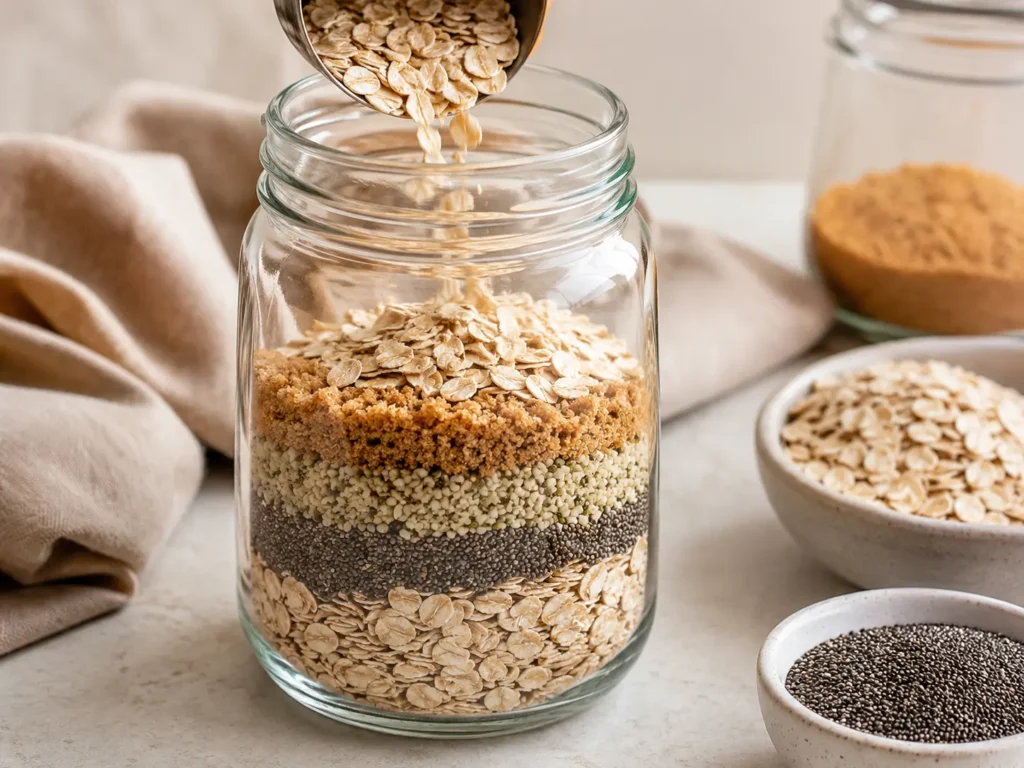Oats, chia, hemp hearts, and brown sugar being added to a jar for overnight oats