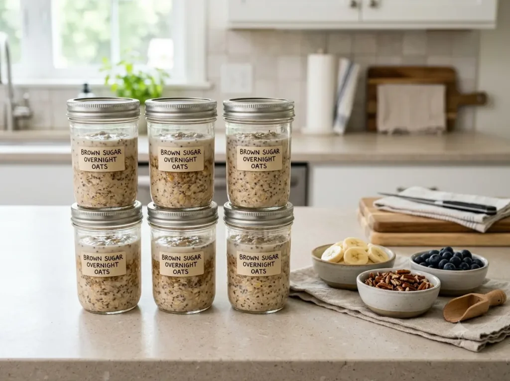 Several jars of brown sugar overnight oats prepared ahead with toppings on the side