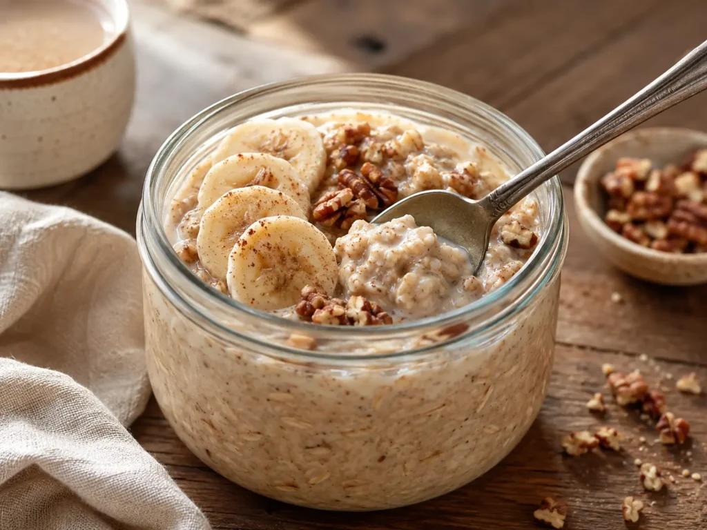 Spoonful of creamy brown sugar overnight oats with banana and pecans