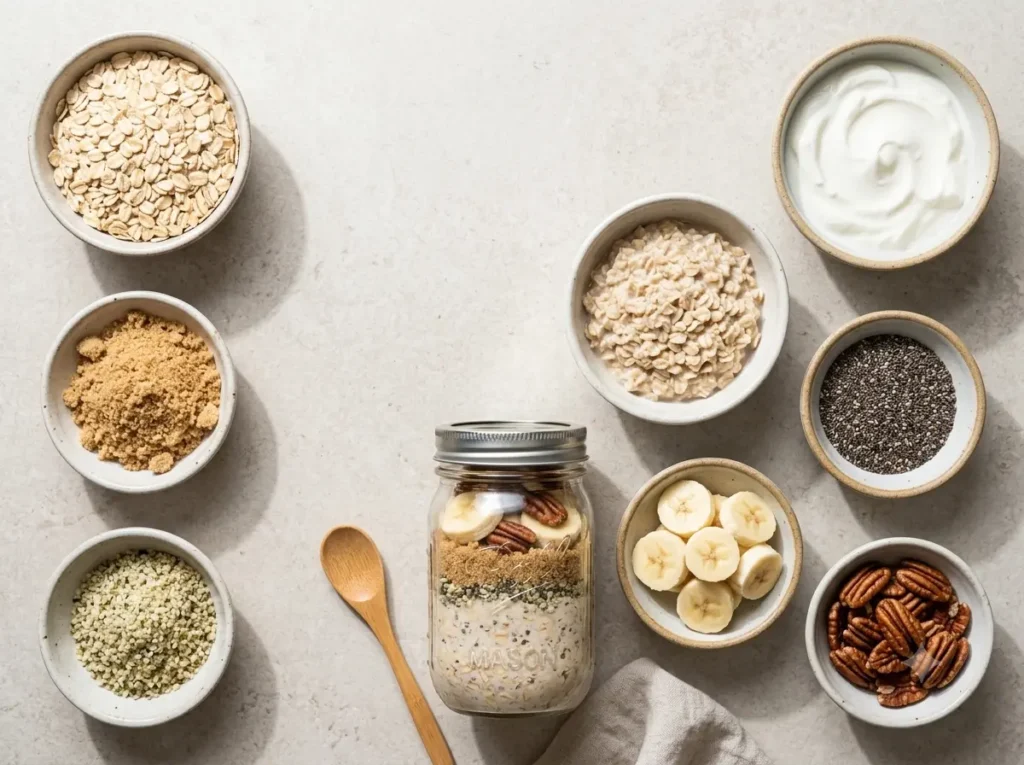 Overhead summary-style image showing brown sugar overnight oats and key ingredients