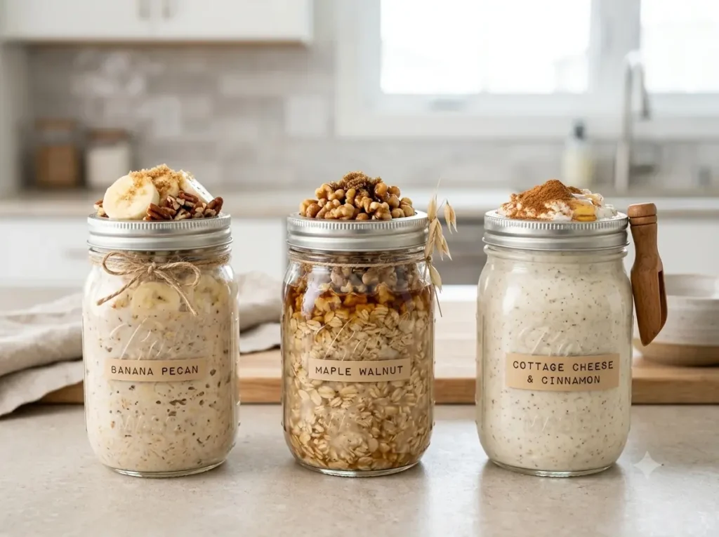 Three variation jars of creamy brown sugar overnight oats with different toppings