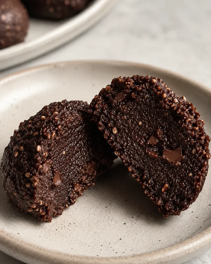 Close-up of the fudgy center inside a brownie protein bite