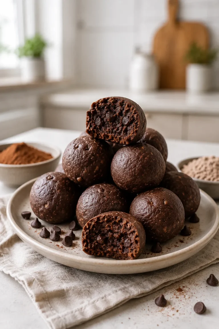 No-bake brownie protein bites with a fudgy chocolate center and protein powder nearby
