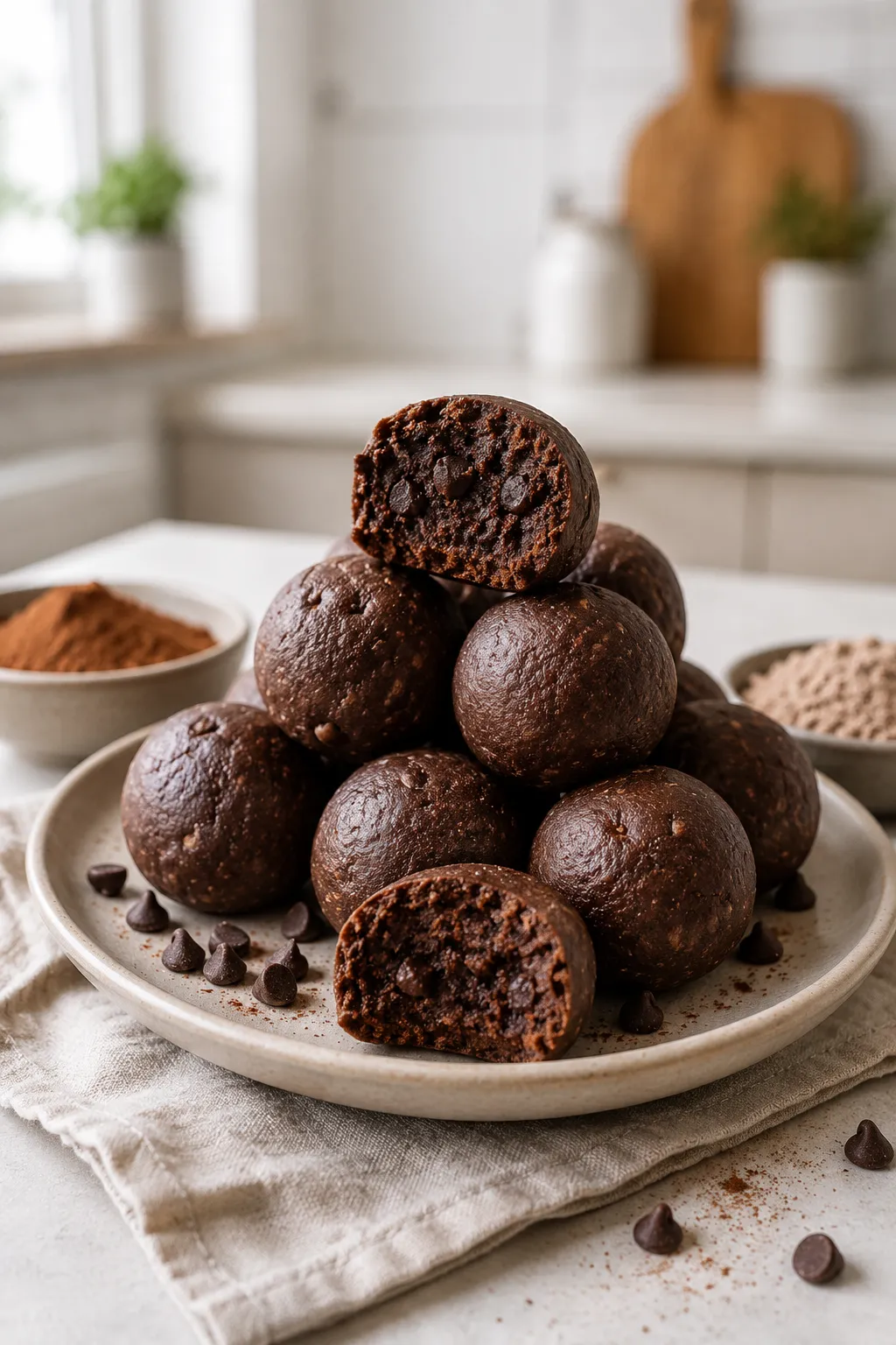 No-bake brownie protein bites with a fudgy chocolate center and protein powder nearby