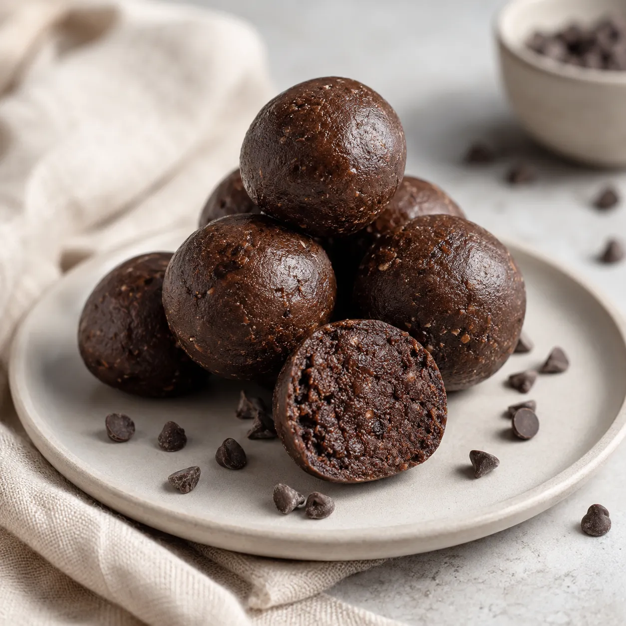 Brownie protein bites stacked on a ceramic plate with one cut open to show the fudgy center