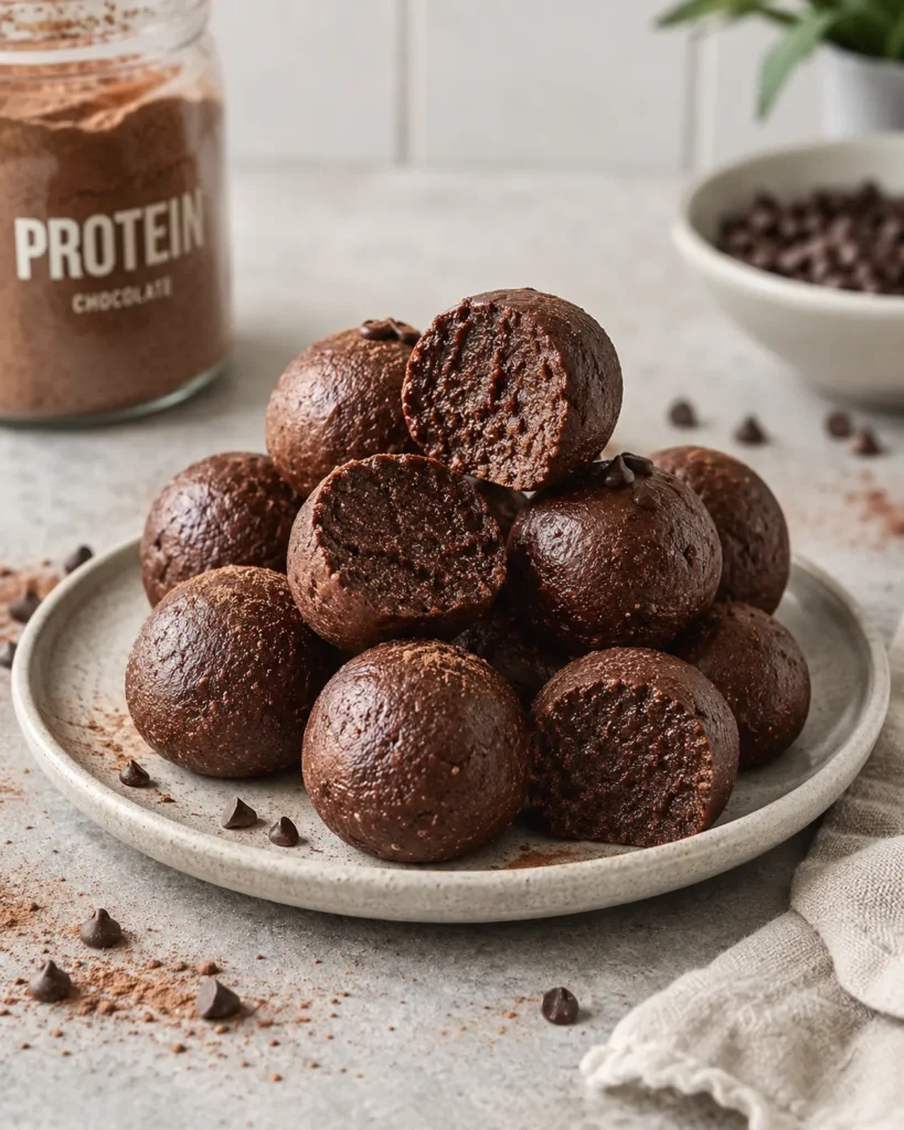 Brownie protein bites stacked on a ceramic plate with fudgy chocolate centers visible