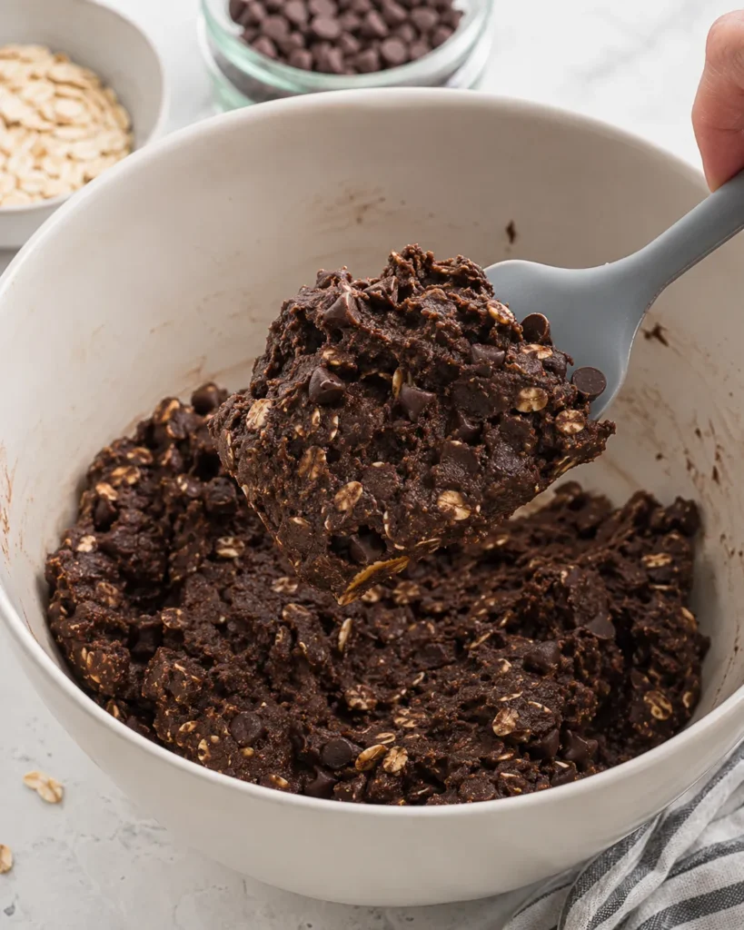 Thick chocolate mixture for brownie protein bites being stirred in a mixing bowl
