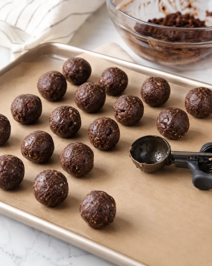 Brownie protein bites rolled and arranged on a parchment-lined tray before chilling