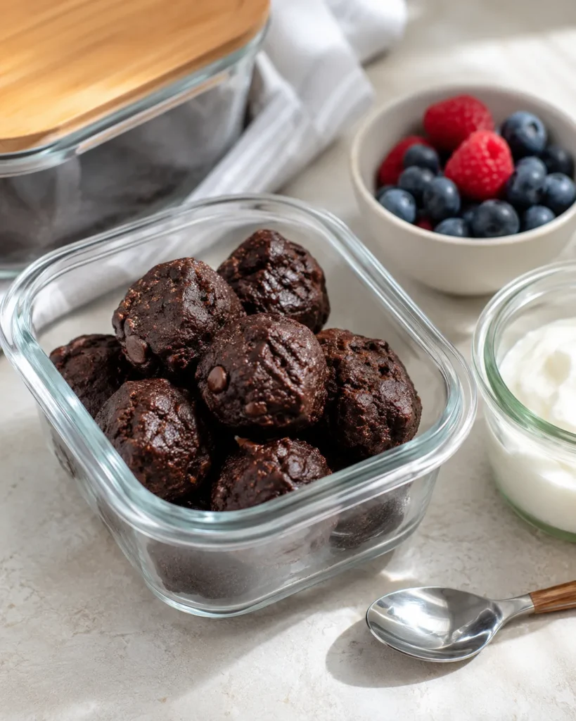 Brownie protein bites packed with berries and yogurt for an easy high-protein snack