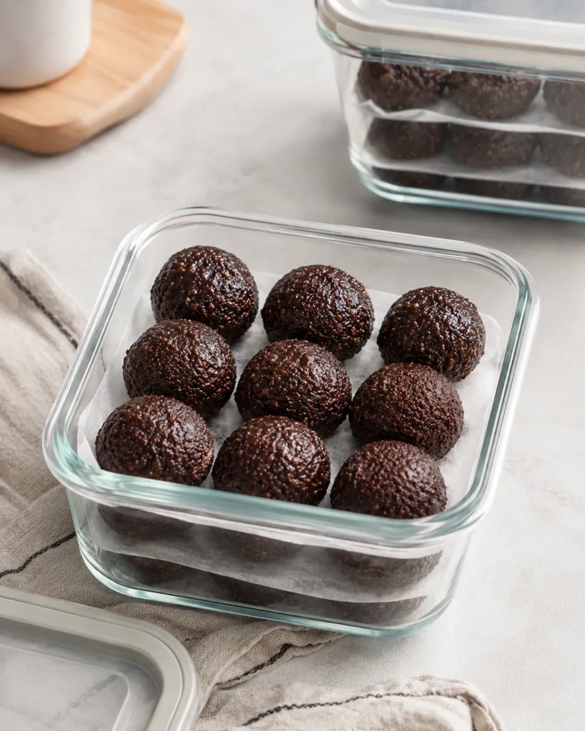 Brownie protein bites stored in airtight containers for fridge and freezer meal prep