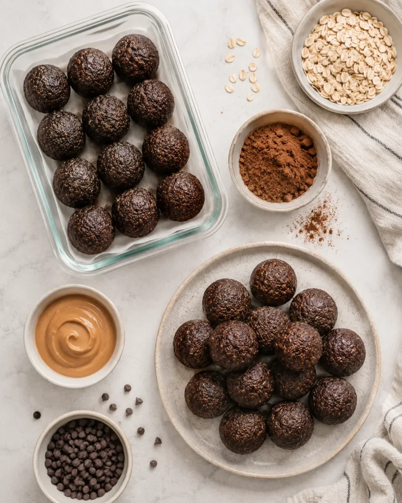 Overhead summary-style layout showing brownie protein bites and ingredients for meal prep