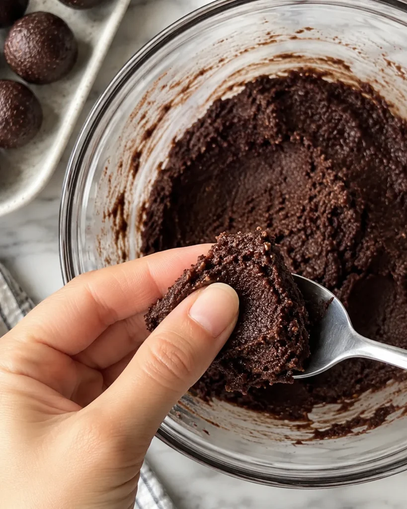 Brownie protein bite mixture being tested to check if it holds together