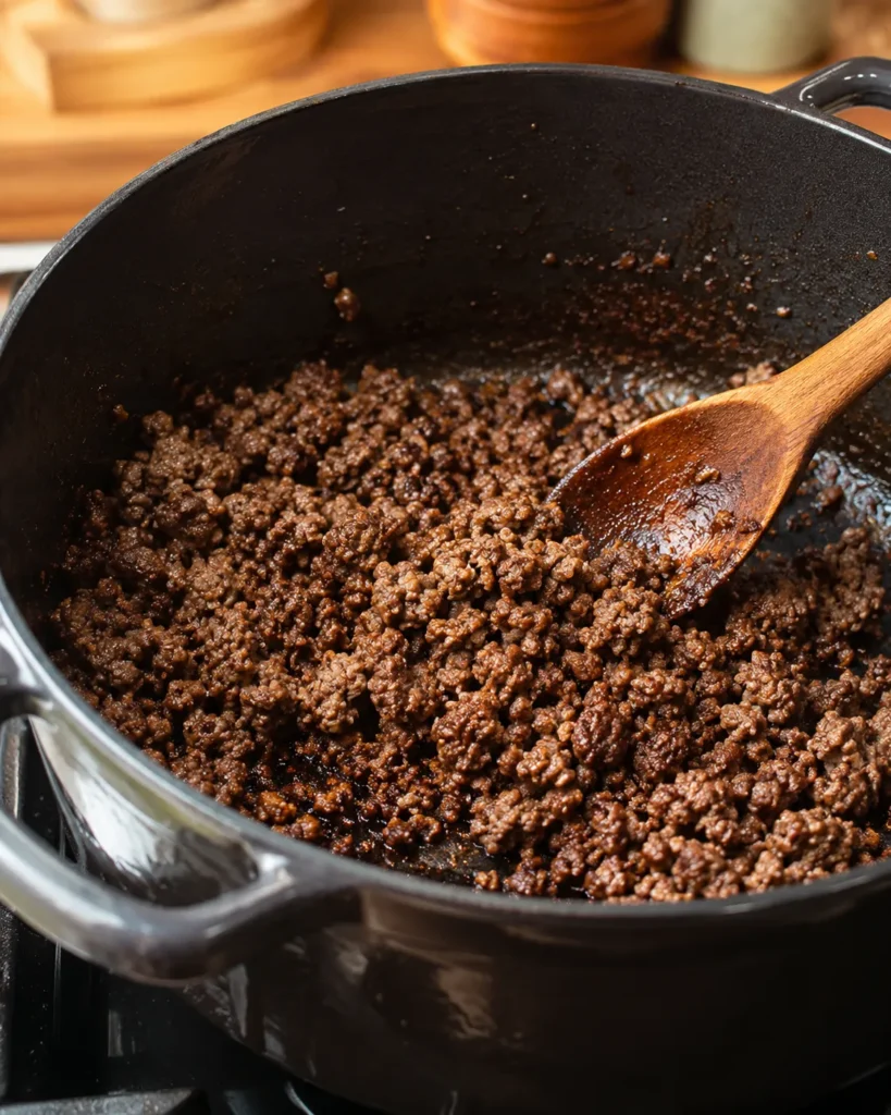 Lean ground beef browning in a dark pot for high-protein chili