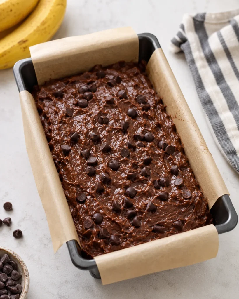 Chocolate banana bread batter in a parchment-lined loaf pan before baking