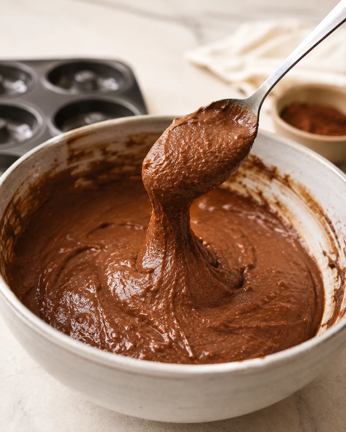 Thick chocolate batter for baked protein donuts in a mixing bowl