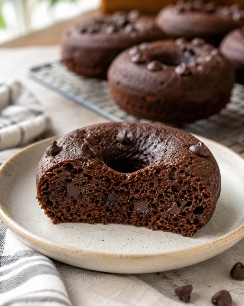 Sliced baked chocolate protein donut showing a soft cakey interior with small chocolate chips