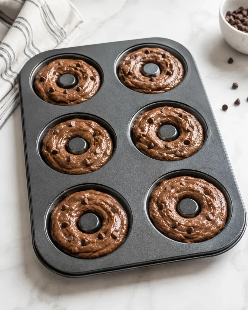 Chocolate protein donut batter piped into a donut pan before baking