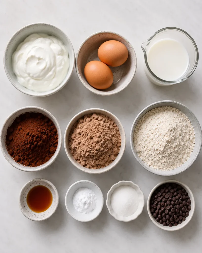 Ingredient lineup for low-calorie chocolate protein donuts with yogurt and cocoa