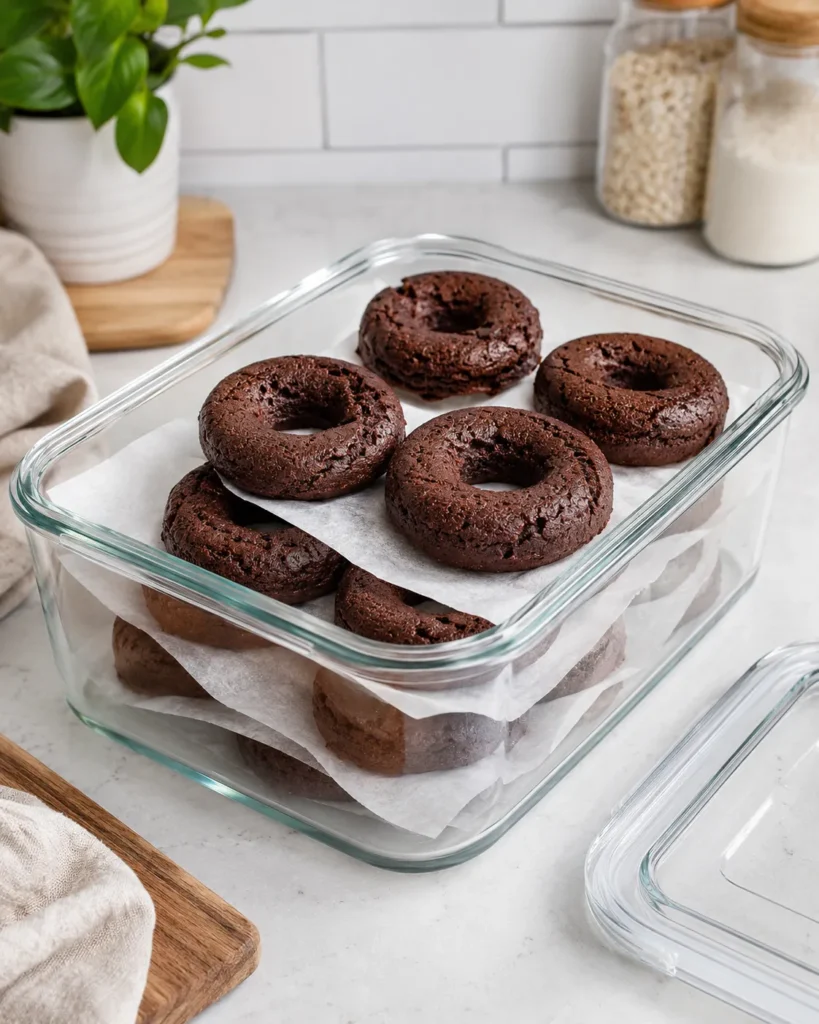 Baked chocolate protein donuts stored in an airtight glass container for meal prep