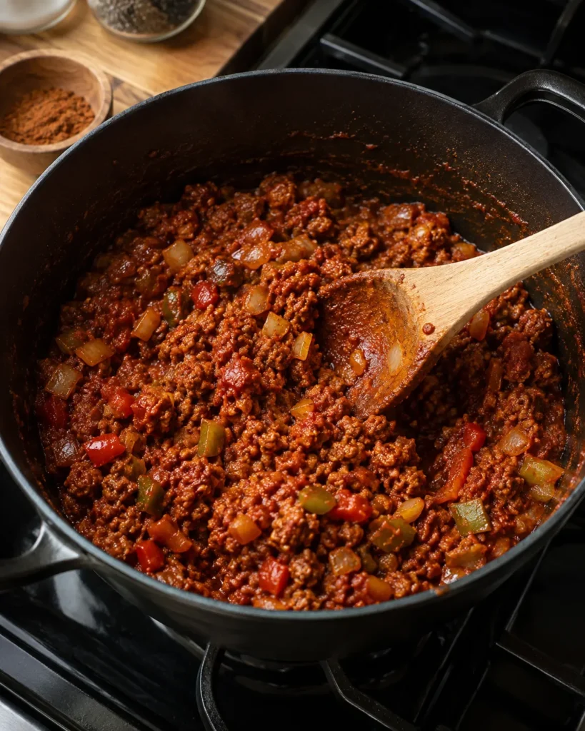 Chorizo, aromatics, tomato paste, and spices cooking together for a rich chili base