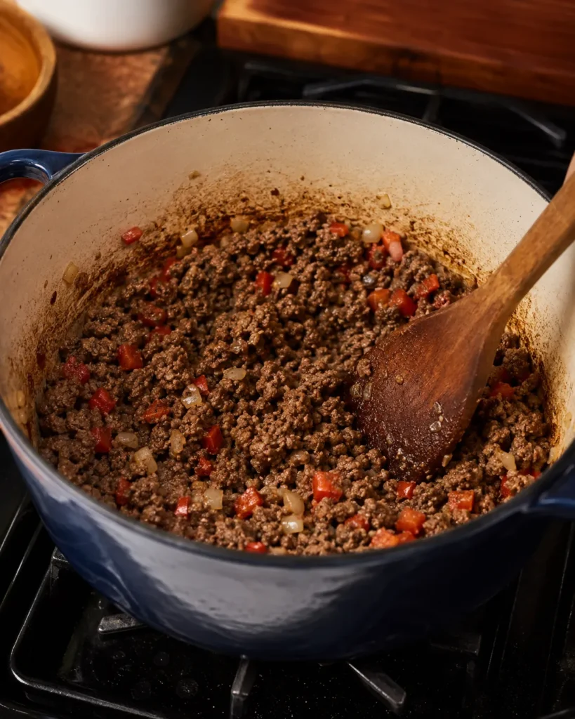 Minced beef browning with onions and peppers in a pot for chilli con carne