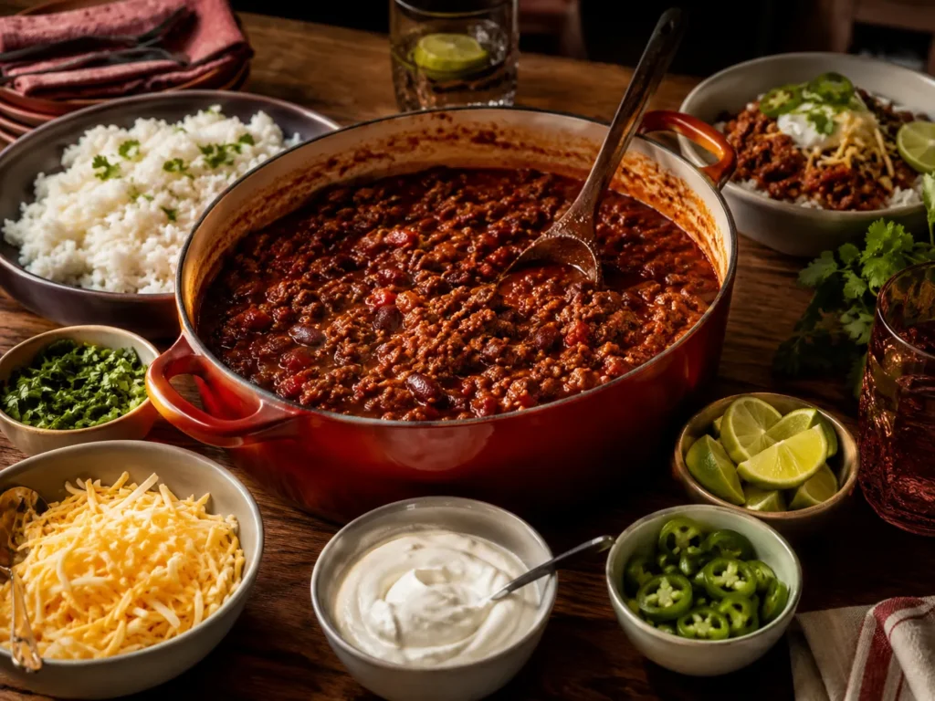 Family-style table with chilli con carne and toppings set out for dinner