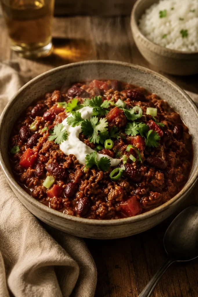 Bowl of classic chilli con carne with beef, beans, and a creamy topping