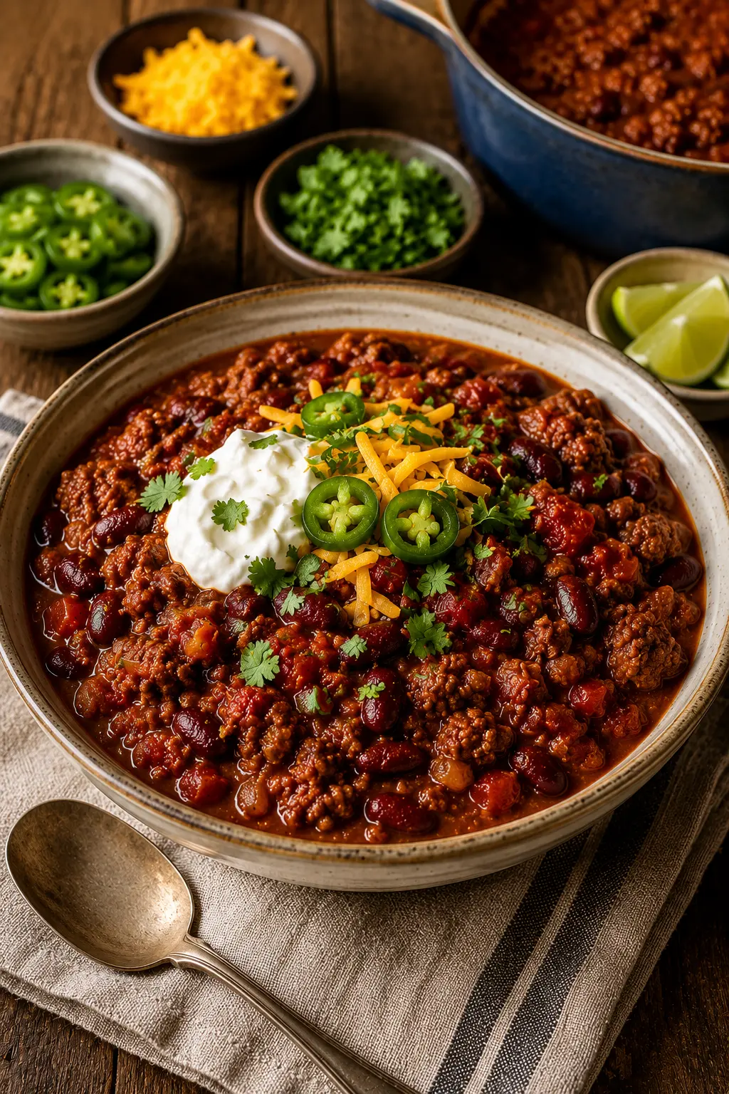Classic chilli con carne served in a wide bowl with sour cream, cheese, jalapeños, and cilantro